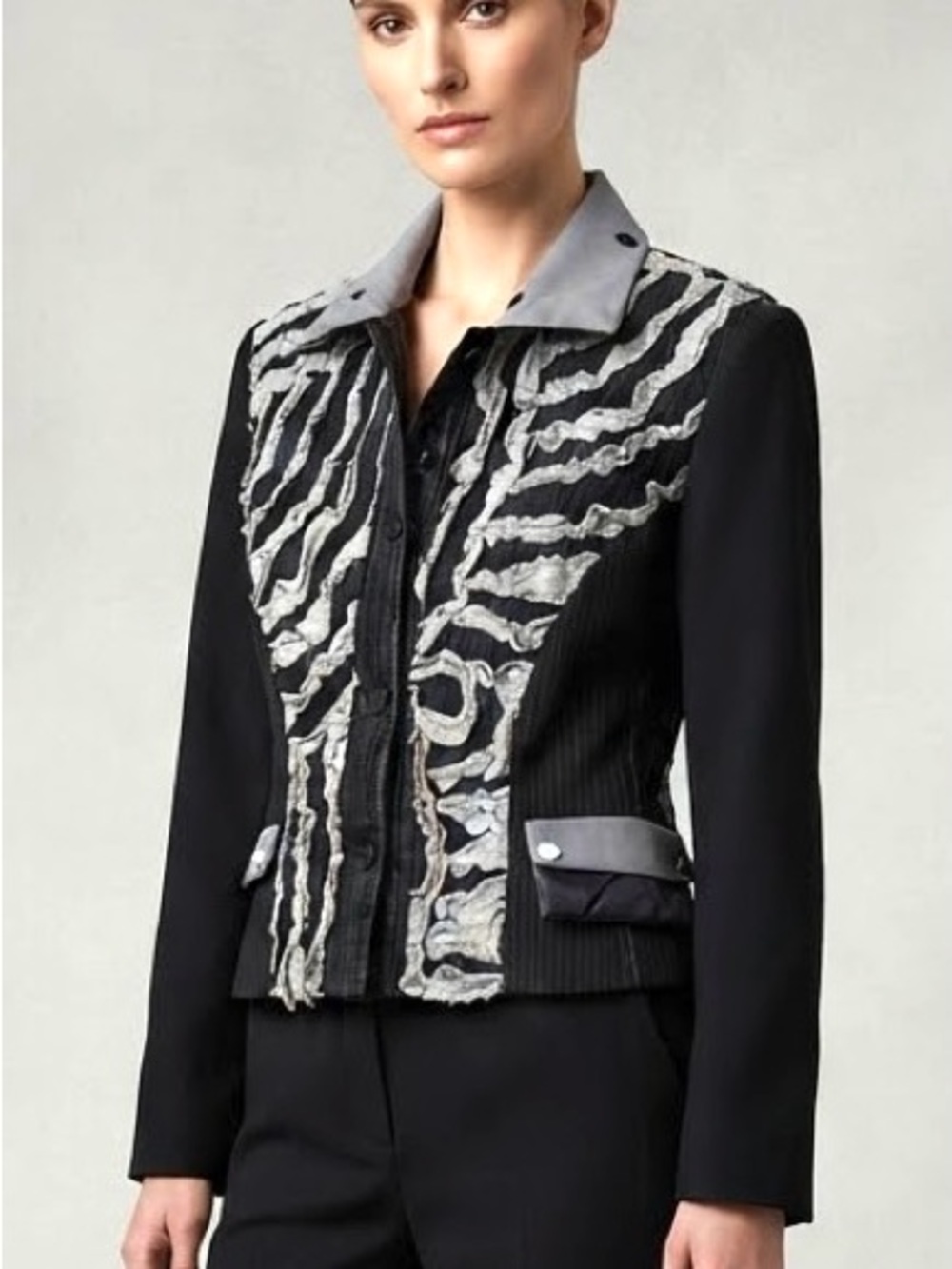 Women's Black Blazer with Gray Appliqué Detail